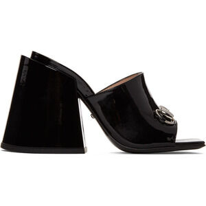Gucci Lexi 105 Black Patent Horsebit Backless Sandal Mule Block Heel Pump 35